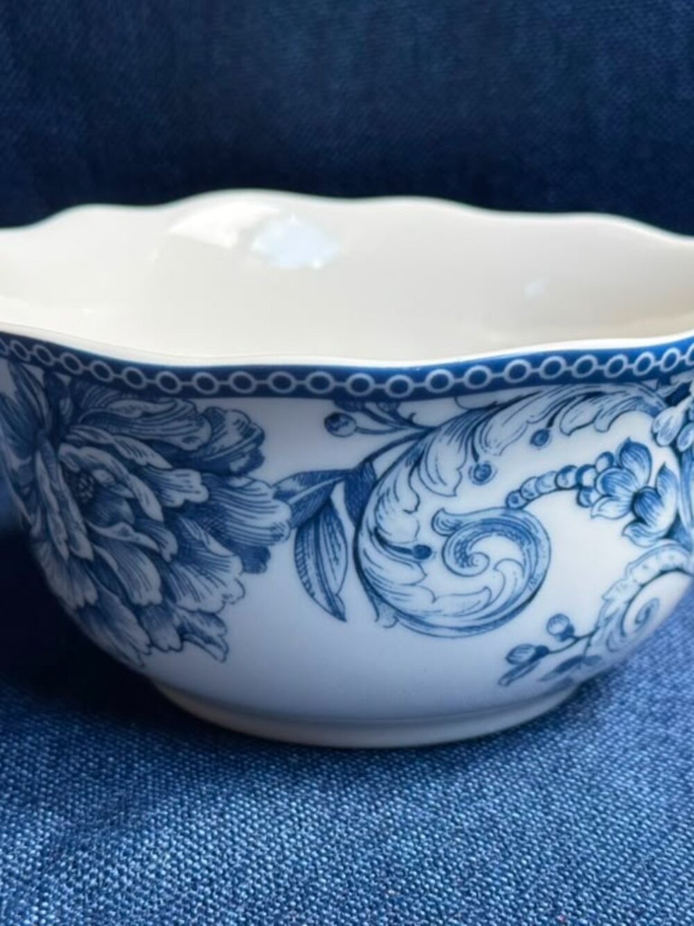 222 Fifth Adelaide Blue Porcelain Soup Cereal Bowl Scalloped Rim